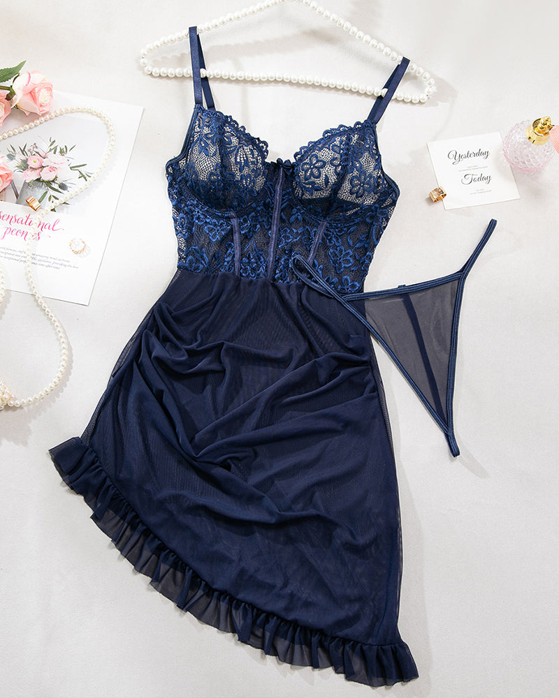 Floral Embroidery Mesh Lingerie Set