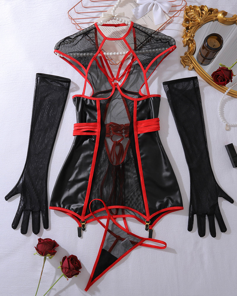 Leather Fishnet Cupless Lace up Night Dress