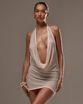 Halter Neck Draped Mesh Diamonte Mini Dress