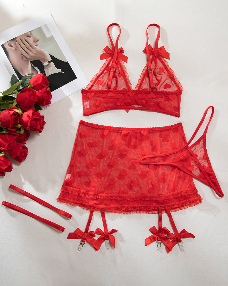 Red Heart Mesh Skirt Set