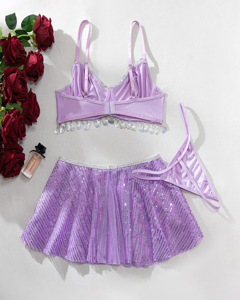 Fish Scales Bra Skirt Set with Shiny Rings