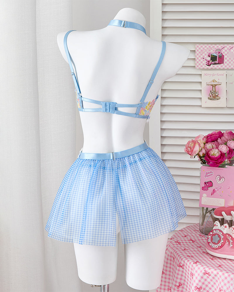 Flower Lace Sheer Bralaces Mesh Plaid Skirt Set