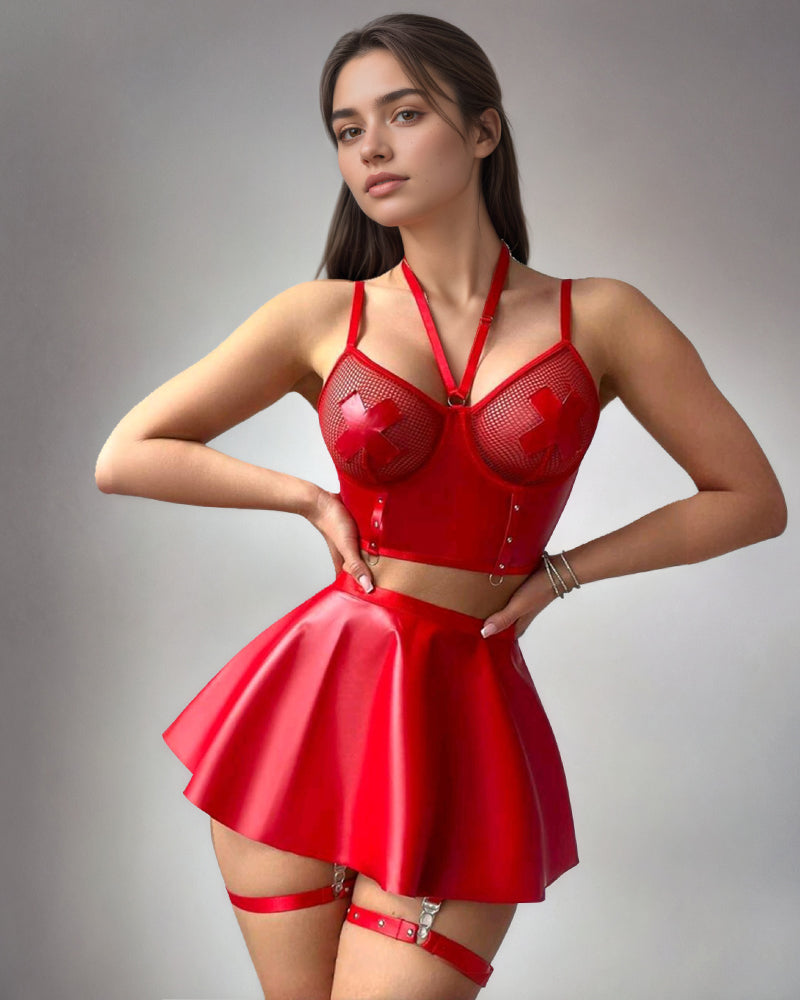 Leather FishNet Lace Up Bra Skirt Set