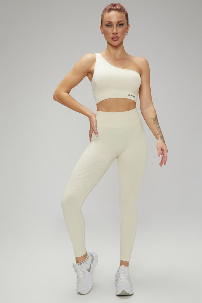 Women's 4 Pcs Ribbed Scoop Neck Sports Bra, One Shoulder Tops, High Waist Short, Leggings Sets
