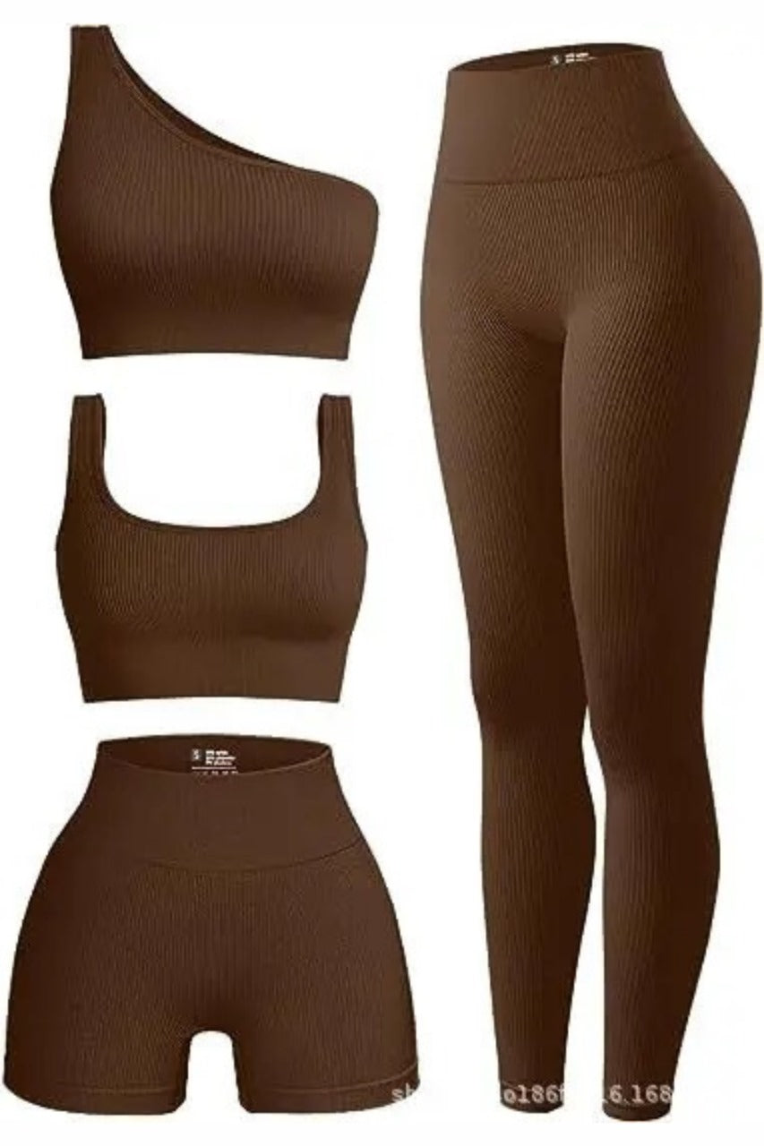 Women's 4 Pcs Ribbed Scoop Neck Sports Bra, One Shoulder Tops, High Waist Short, Leggings Sets