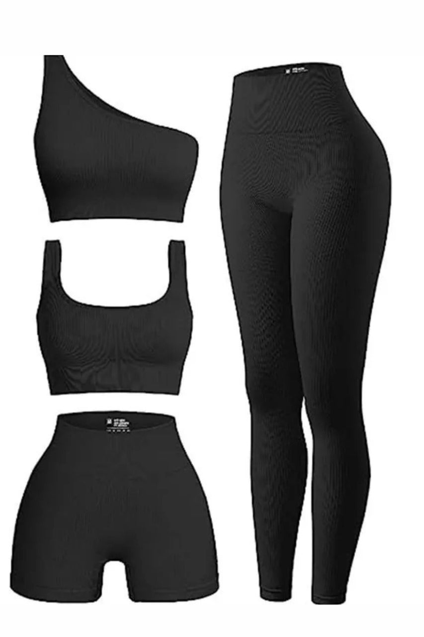 Women's 4 Pcs Ribbed Scoop Neck Sports Bra, One Shoulder Tops, High Waist Short, Leggings Sets