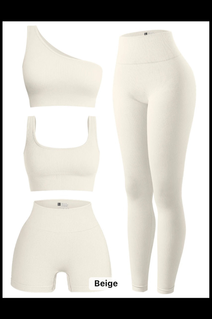 Women's 4 Pcs Ribbed Scoop Neck Sports Bra, One Shoulder Tops, High Waist Short, Leggings Sets