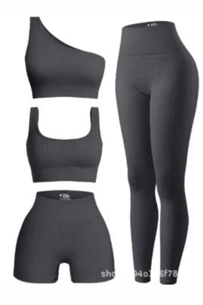 Women's 4 Pcs Ribbed Scoop Neck Sports Bra, One Shoulder Tops, High Waist Short, Leggings Sets