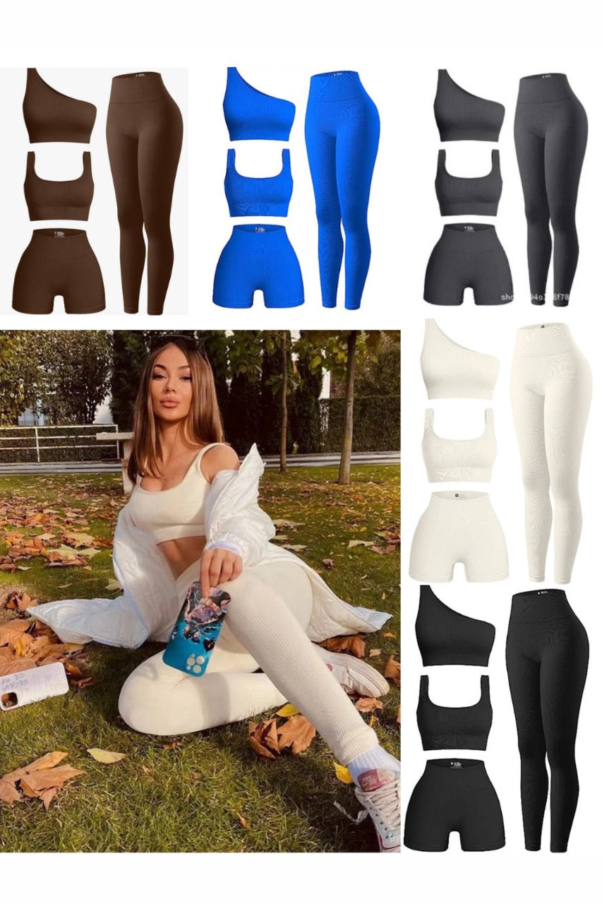 Women's 4 Pcs Ribbed Scoop Neck Sports Bra, One Shoulder Tops, High Waist Short, Leggings Sets