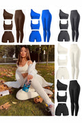 Women's 4 Pcs Ribbed Scoop Neck Sports Bra, One Shoulder Tops, High Waist Short, Leggings Sets