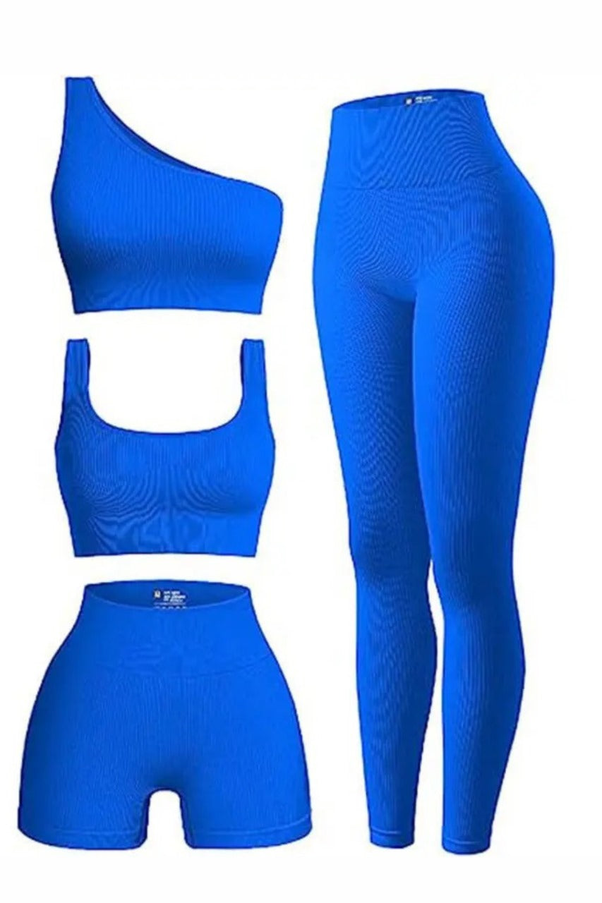 Women's 4 Pcs Ribbed Scoop Neck Sports Bra, One Shoulder Tops, High Waist Short, Leggings Sets