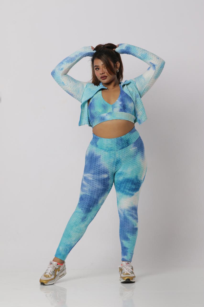 Women Soft Compression Seamless Tie Dye High Waist Leggings Bra and Jacket Set Sky Blue and White