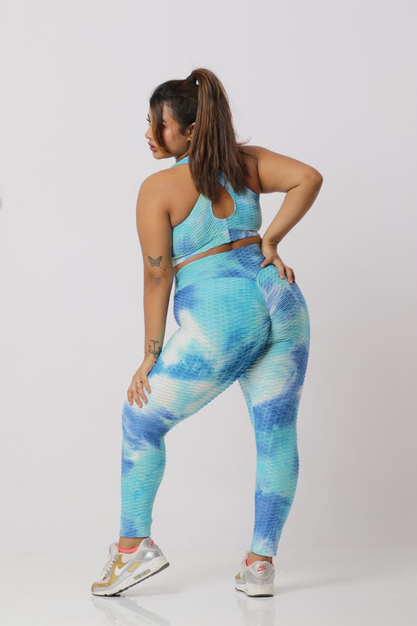 Women Soft Compression Seamless Tie Dye High Waist Leggings Bra and Jacket Set Sky Blue and White