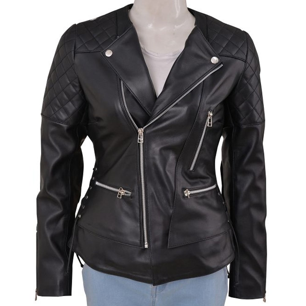 Women Black Biker Quilted Jacket