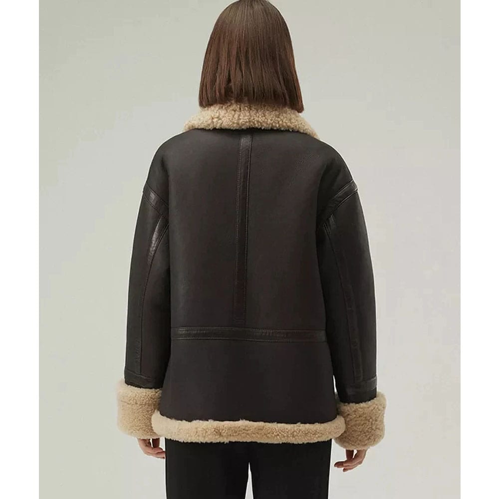 Women’s Matte Black Leather Shearling Big Collar Fur Coat