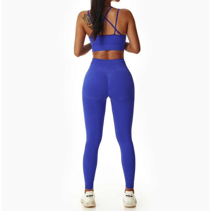 Rib-Knit Ladies High Waist Breathable Sport Pants And ZigZag Back Padded Bra Blue