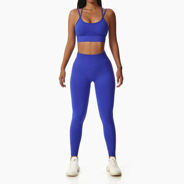 Rib-Knit Ladies High Waist Breathable Sport Pants And ZigZag Back Padded Bra Blue