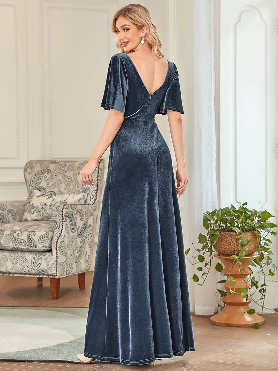 Chic Double V Neck Velvet Party Dress with Ruffled Sleeves