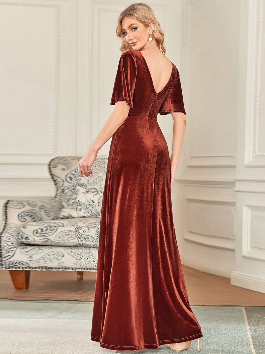 Chic Double V Neck Velvet Party Dress with Ruffled Sleeves