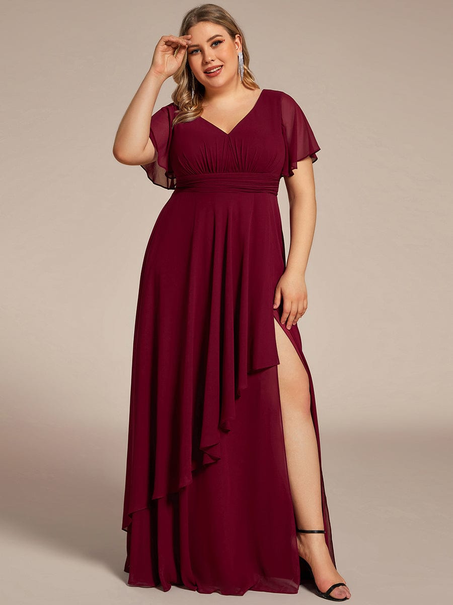Chiffon Evening Dress with Ruffles Sleeve and Lotus Leaf High Slit