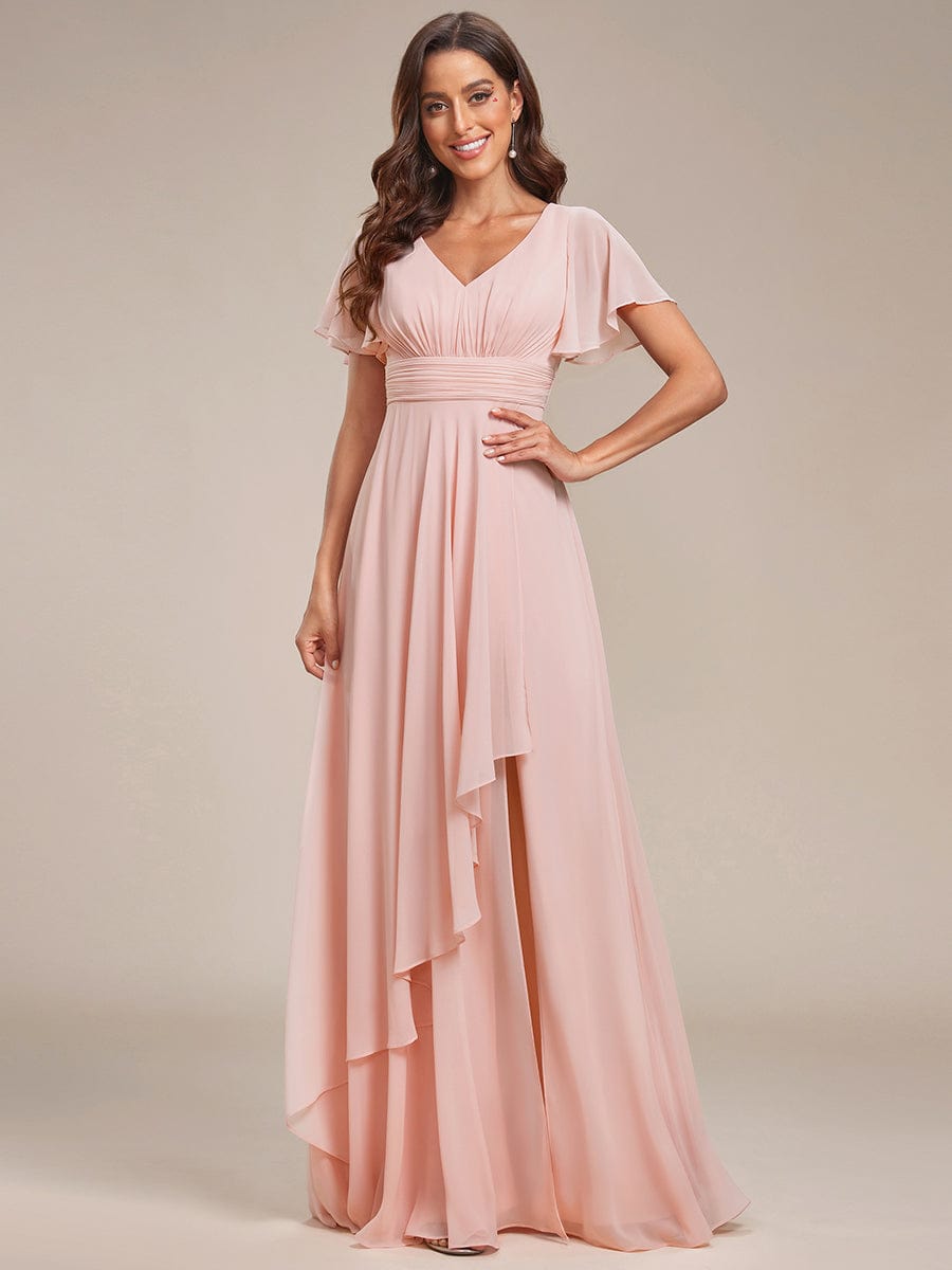 Chiffon Evening Dress with Ruffles Sleeve and Lotus Leaf High Slit