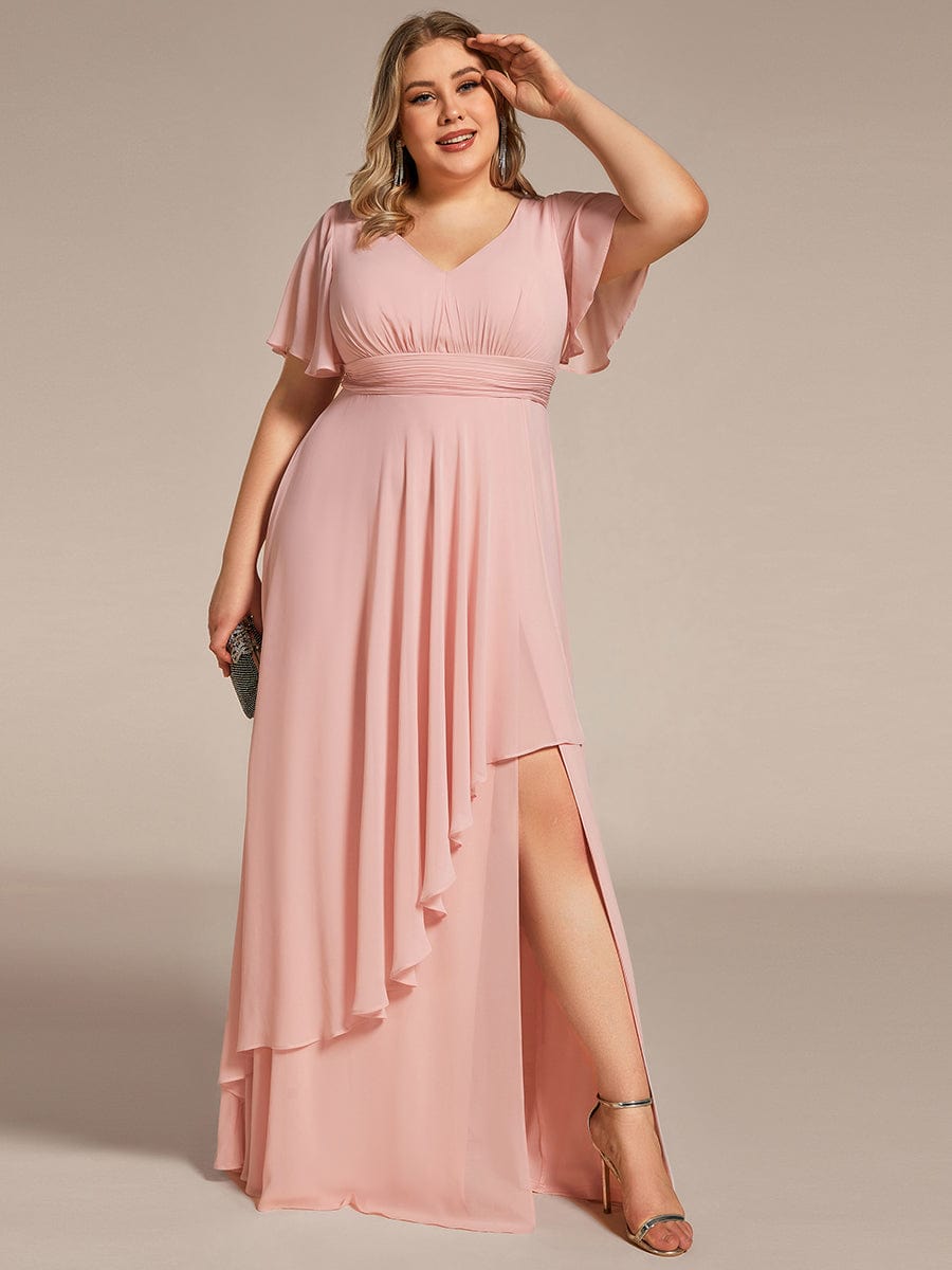 Chiffon Evening Dress with Ruffles Sleeve and Lotus Leaf High Slit
