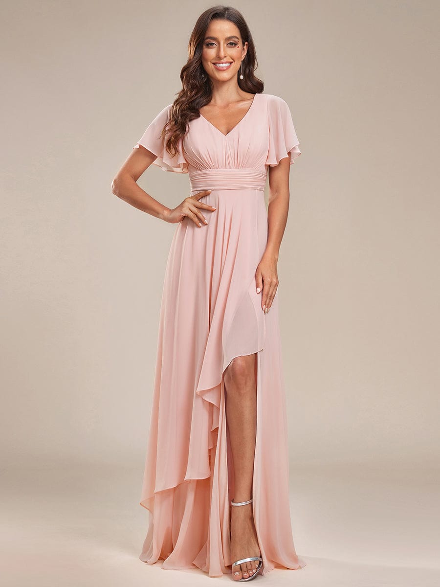 Chiffon Evening Dress with Ruffles Sleeve and Lotus Leaf High Slit