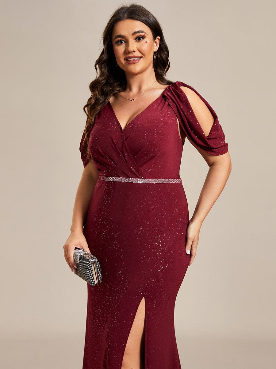 Dazzling Glittery Evening Gown with Cold Shoulder and Puff Sleeves