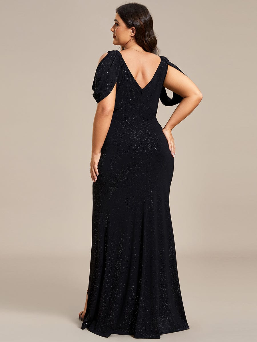 Dazzling Glittery Evening Gown with Cold Shoulder and Puff Sleeves