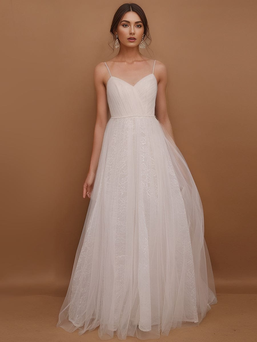 Spaghetti Strap Waist Pearl Sweetheart Collar Tulle Wedding Dress with Lace