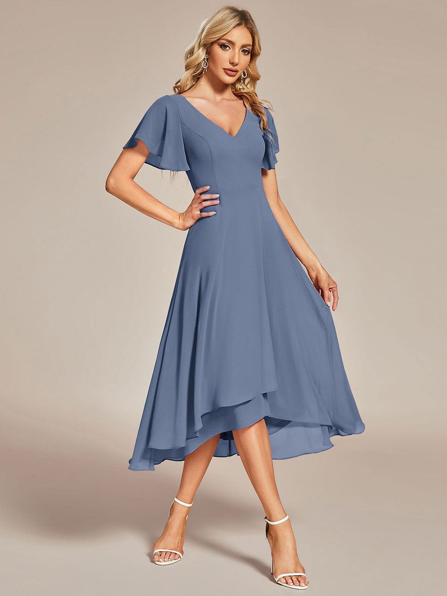 Elegant Chiffon V-Neck Bridesmaid Gown with Ruffle Sleeves