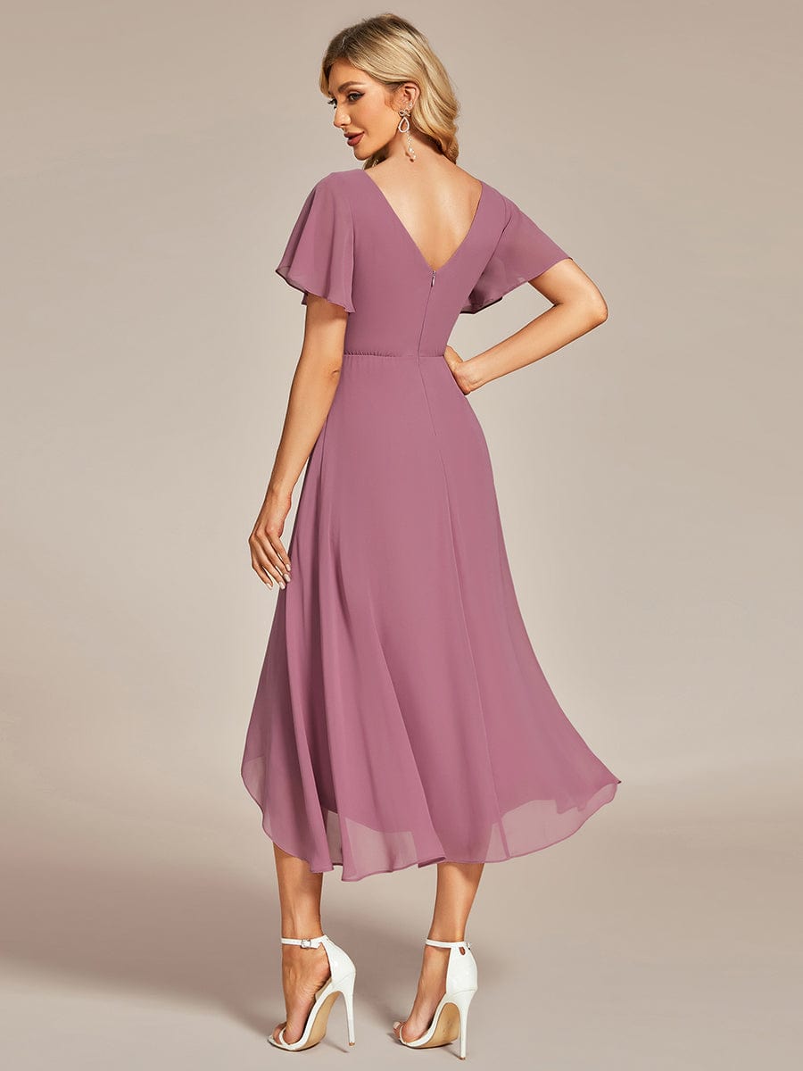 Elegant Chiffon V-Neck Bridesmaid Gown with Ruffle Sleeves