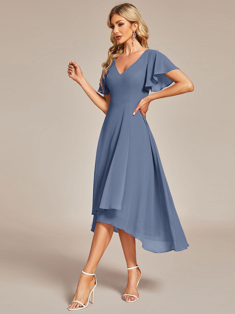 Elegant Chiffon V-Neck Bridesmaid Gown with Ruffle Sleeves