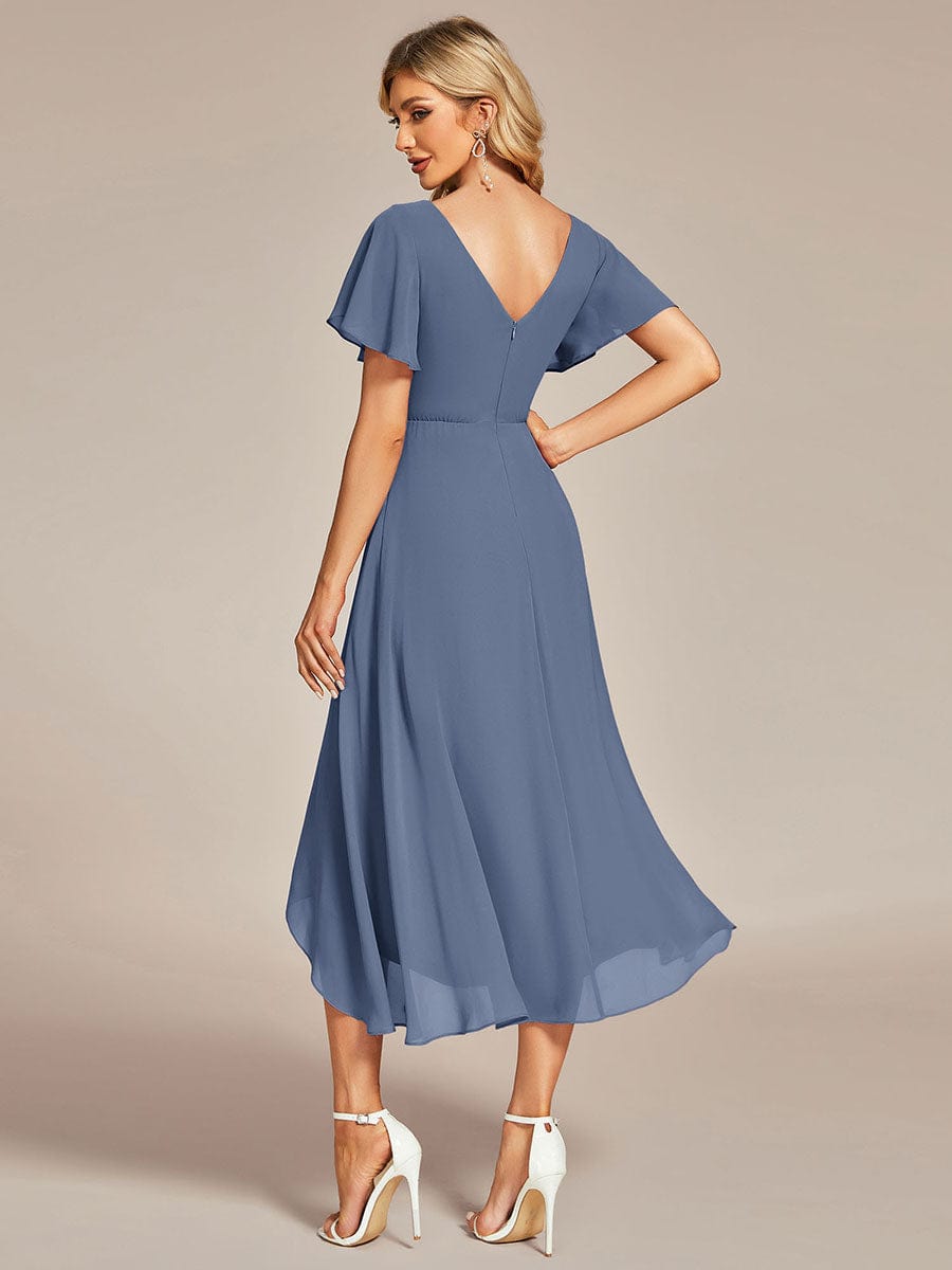 Elegant Chiffon V-Neck Bridesmaid Gown with Ruffle Sleeves