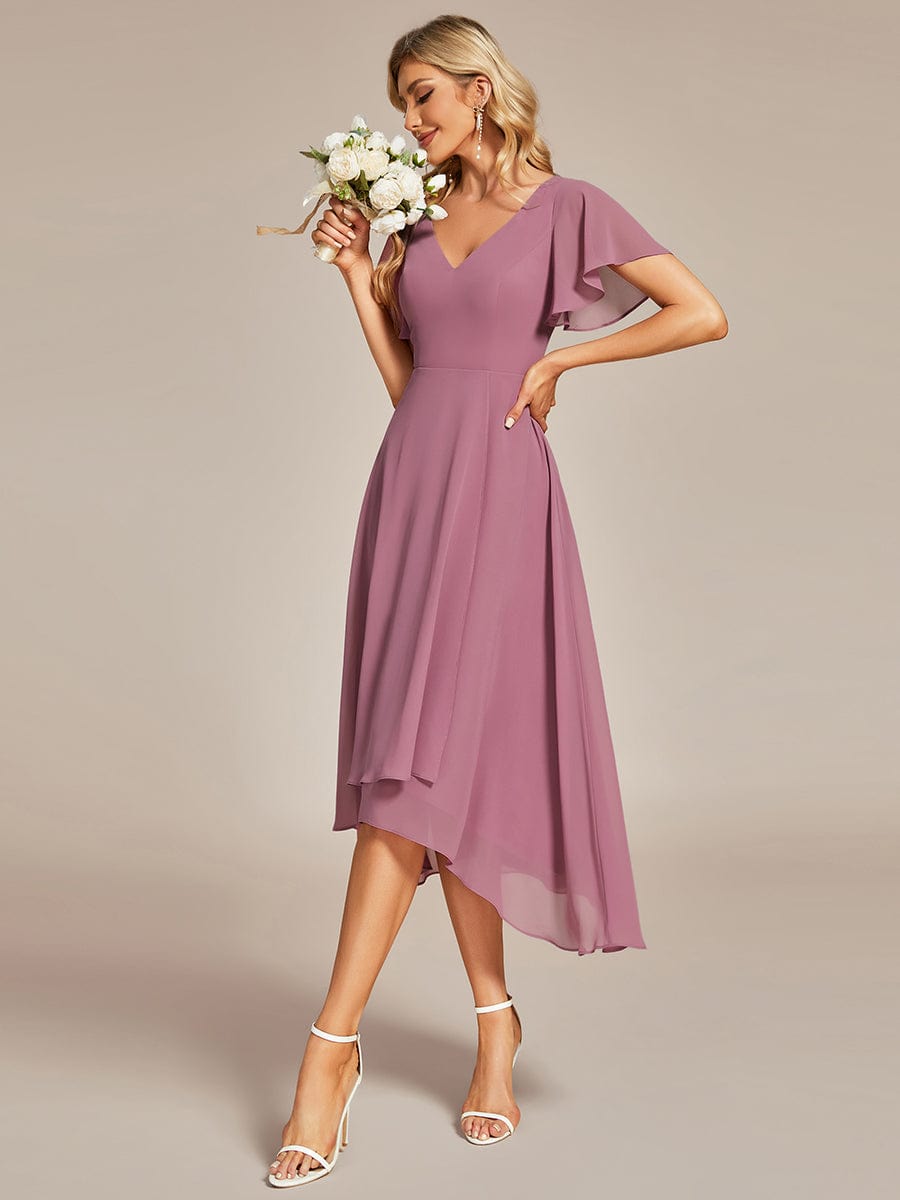 Elegant Chiffon V-Neck Bridesmaid Gown with Ruffle Sleeves