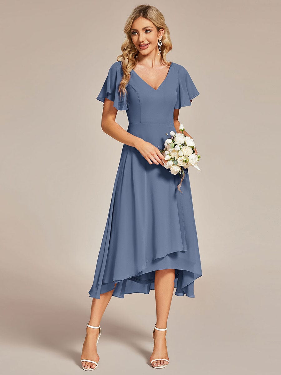 Elegant Chiffon V-Neck Bridesmaid Gown with Ruffle Sleeves