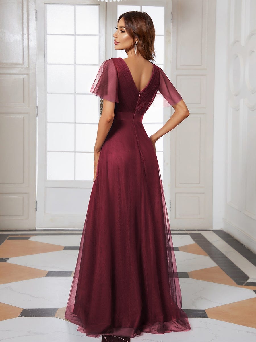 Elegant Flutter Sleeve Double V-Neck Tulle Bridesmaid Gown