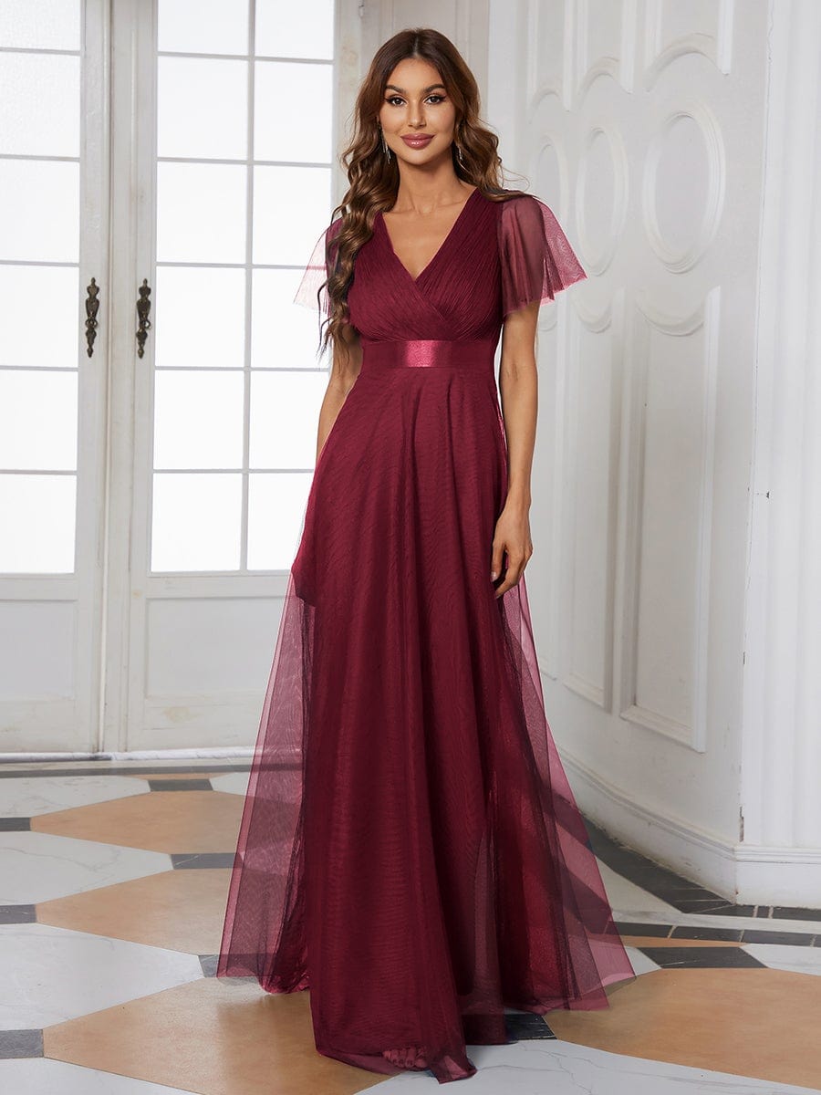 Elegant Flutter Sleeve Double V-Neck Tulle Bridesmaid Gown