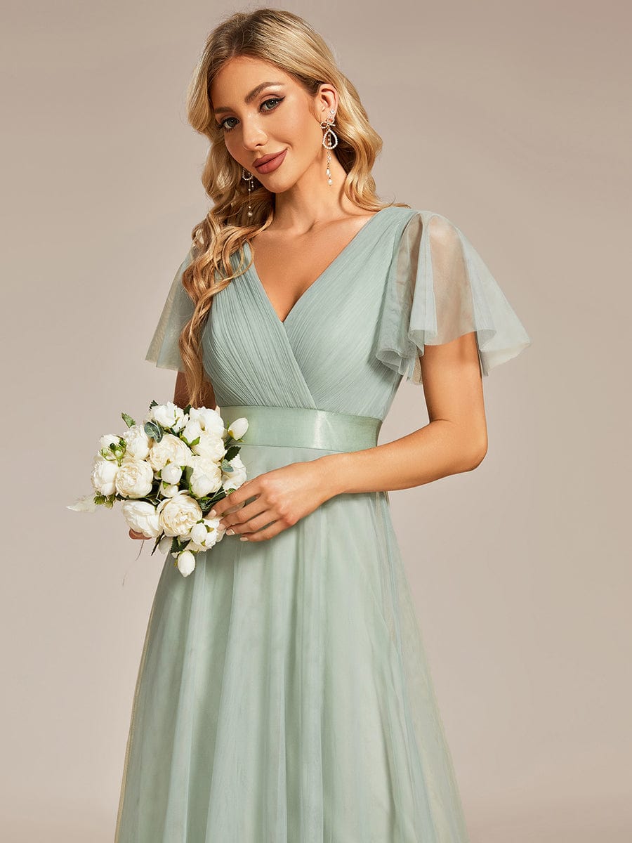 Elegant Flutter Sleeve Double V-Neck Tulle Bridesmaid Gown