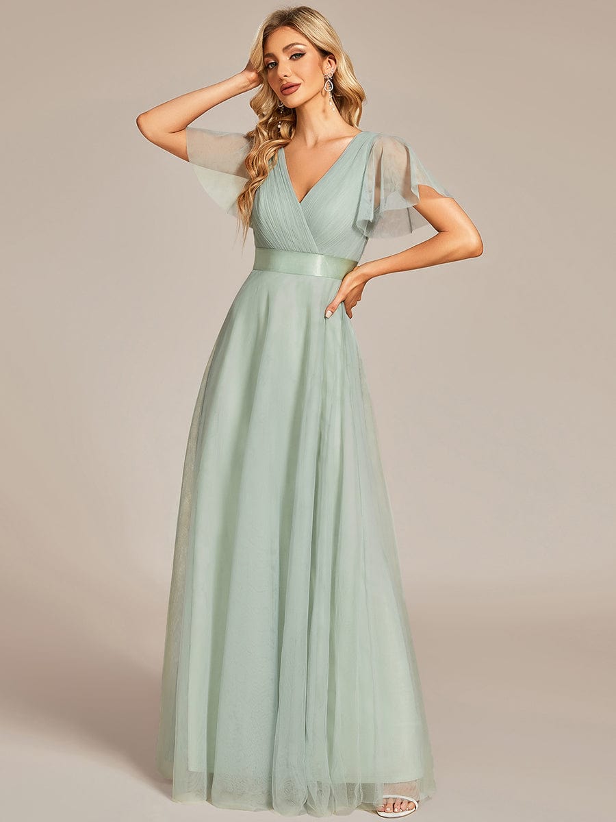 Elegant Flutter Sleeve Double V-Neck Tulle Bridesmaid Gown