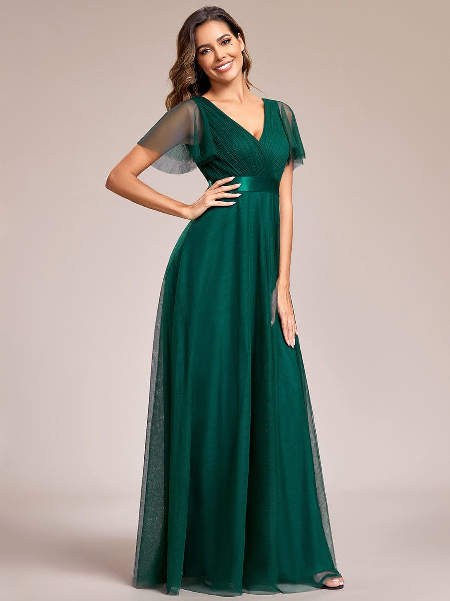 Elegant Flutter Sleeve Double V-Neck Tulle Bridesmaid Gown