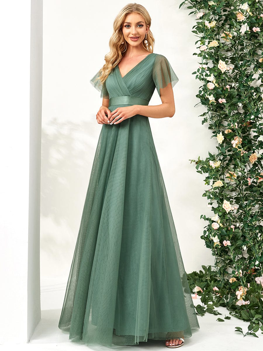 Elegant Flutter Sleeve Double V-Neck Tulle Bridesmaid Gown