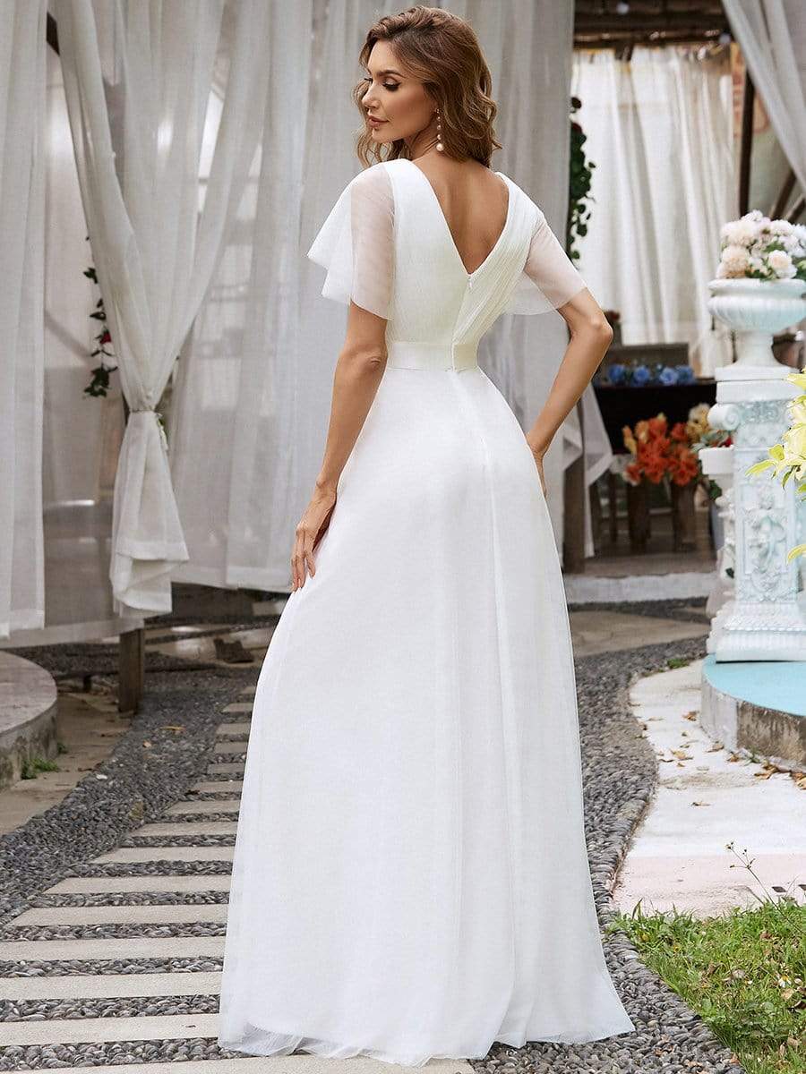 Elegant Flutter Sleeve Double V-Neck Tulle Bridesmaid Gown