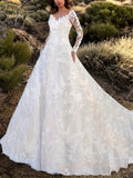 Elegant Lace V Neck Floor Length Backless Wedding Gown Dress