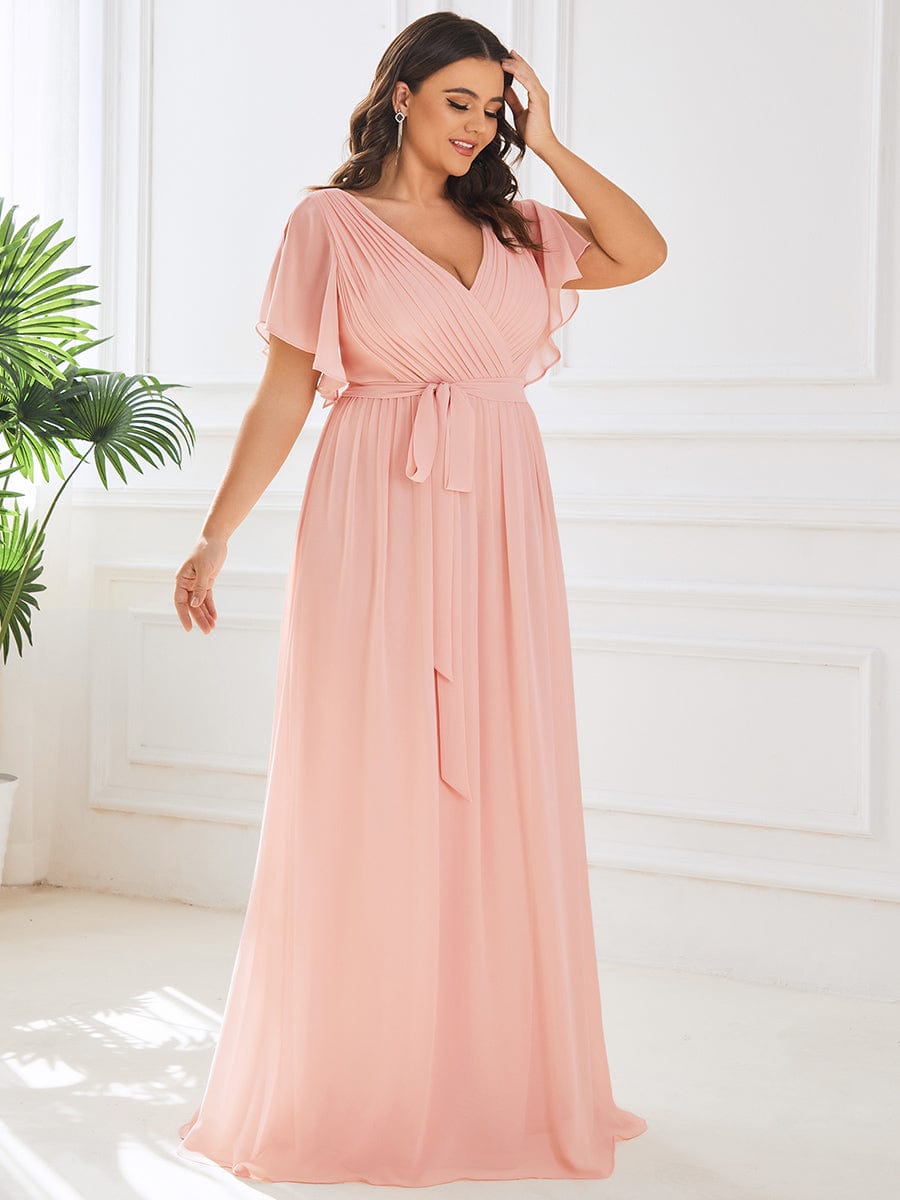 Elegant Plus Size Evening Dress with Pleated Chiffon Waist Tie