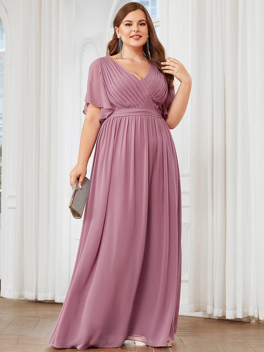Elegant Plus Size Evening Dress with Pleated Chiffon Waist Tie