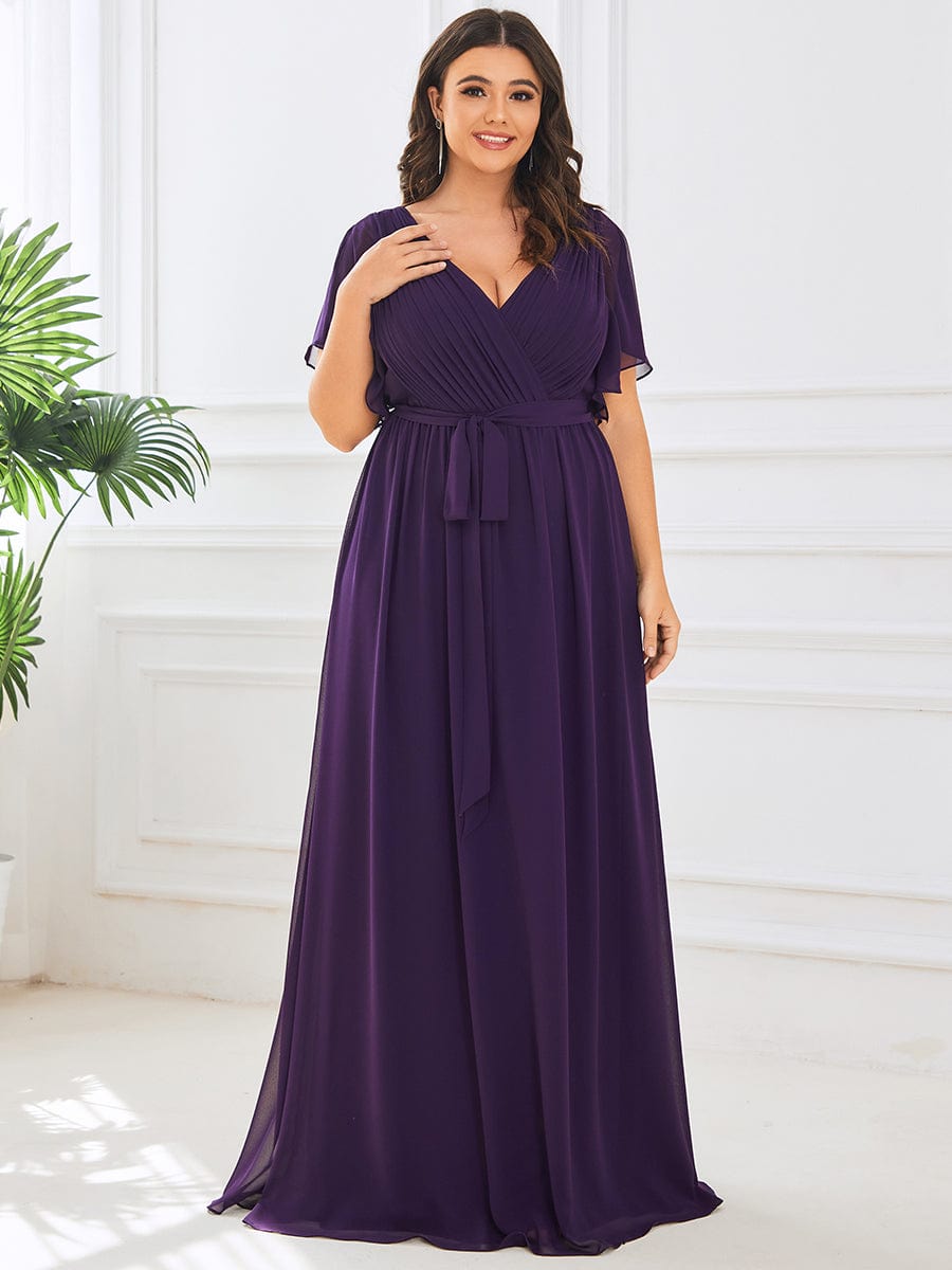 Elegant Plus Size Evening Dress with Pleated Chiffon Waist Tie