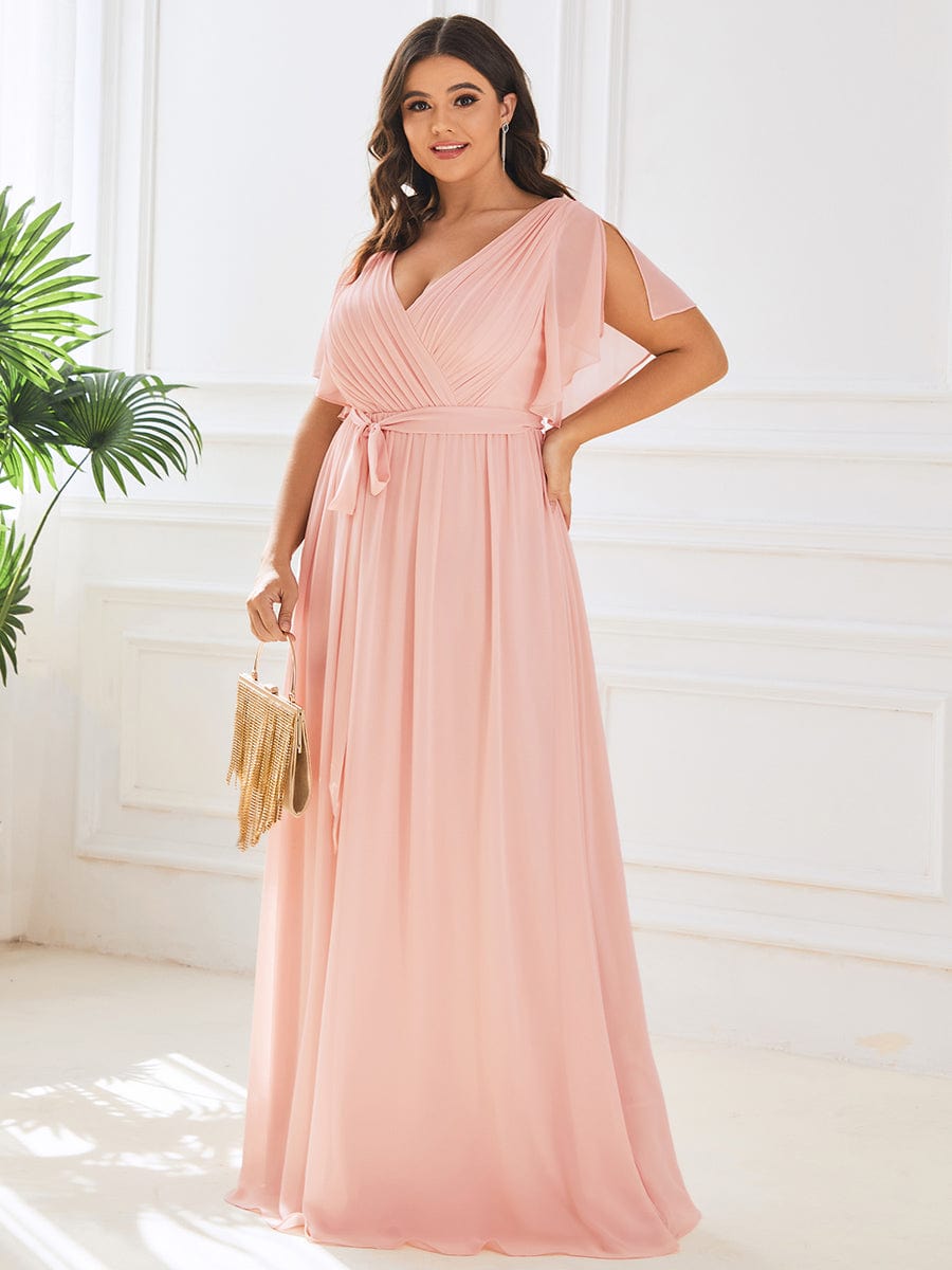 Elegant Plus Size Evening Dress with Pleated Chiffon Waist Tie