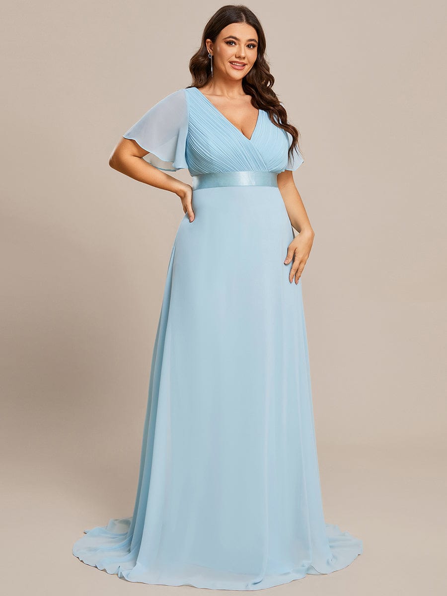 Elegant Plus Size V-Back Bridesmaid Dress with Short Sleeves