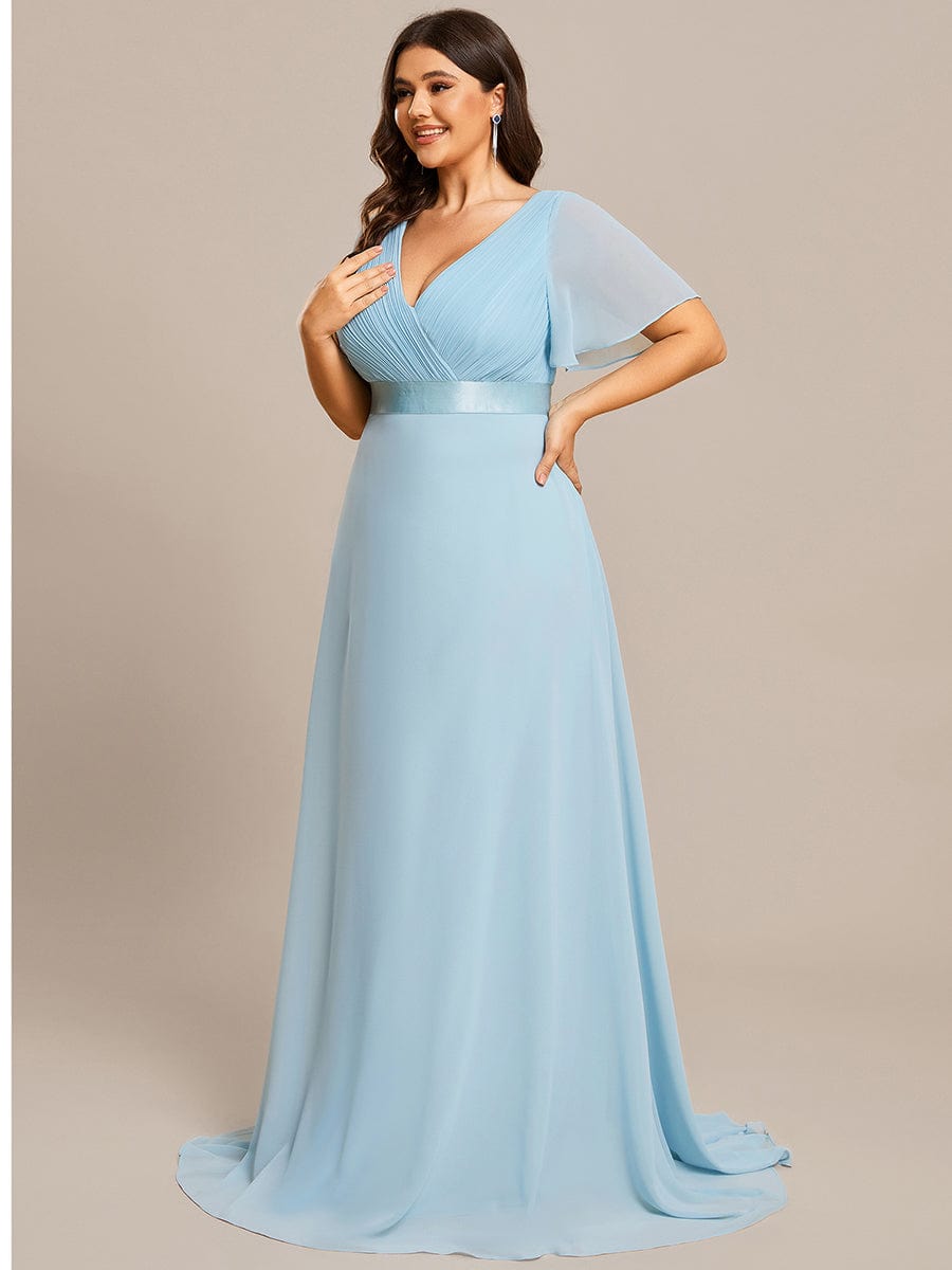 Elegant Plus Size V-Back Bridesmaid Dress with Short Sleeves